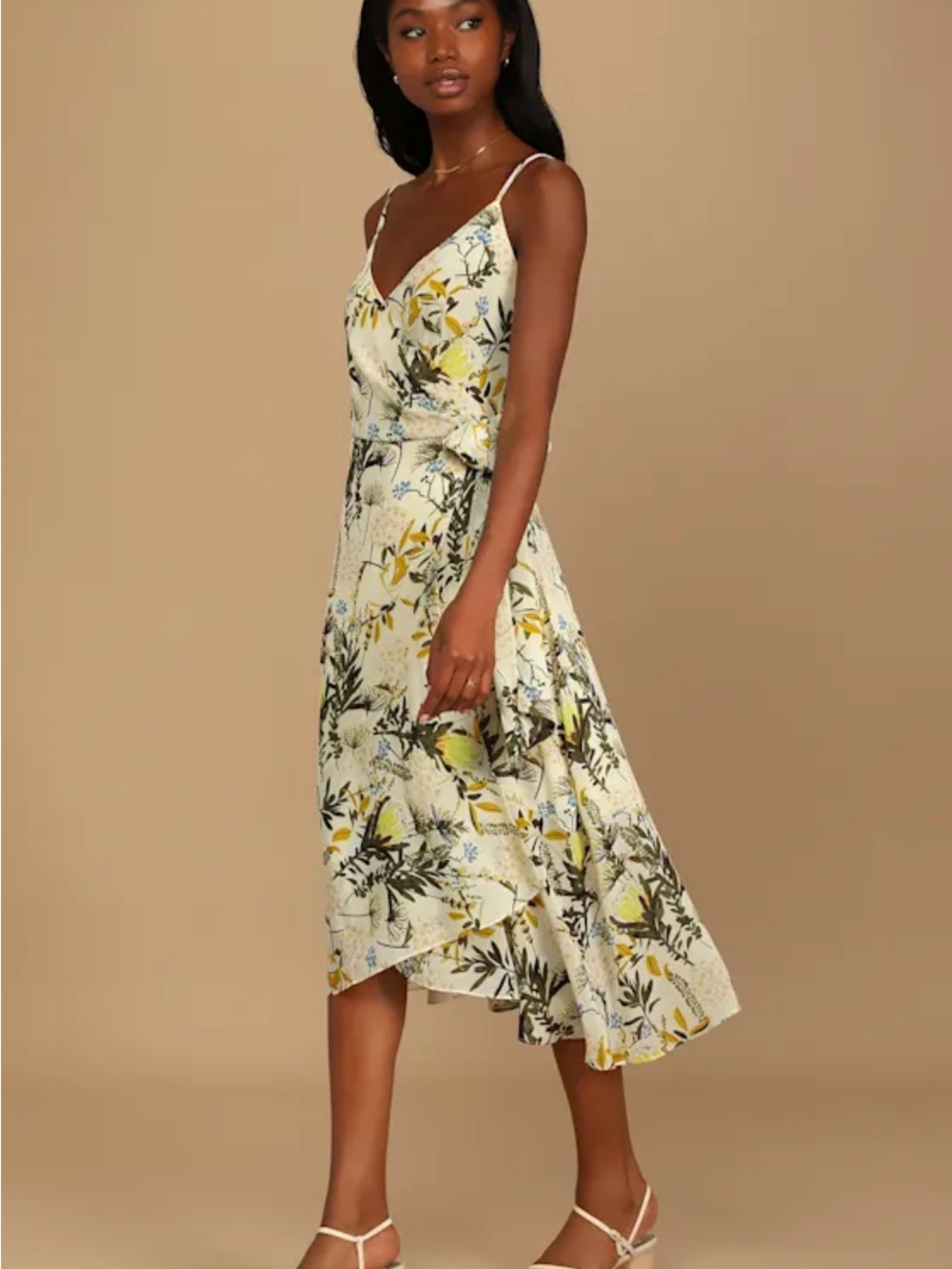 Like NEW Lulu's Cream Floral V-Neck Tie-Waist Midi Dress Size XL (A) Wedding